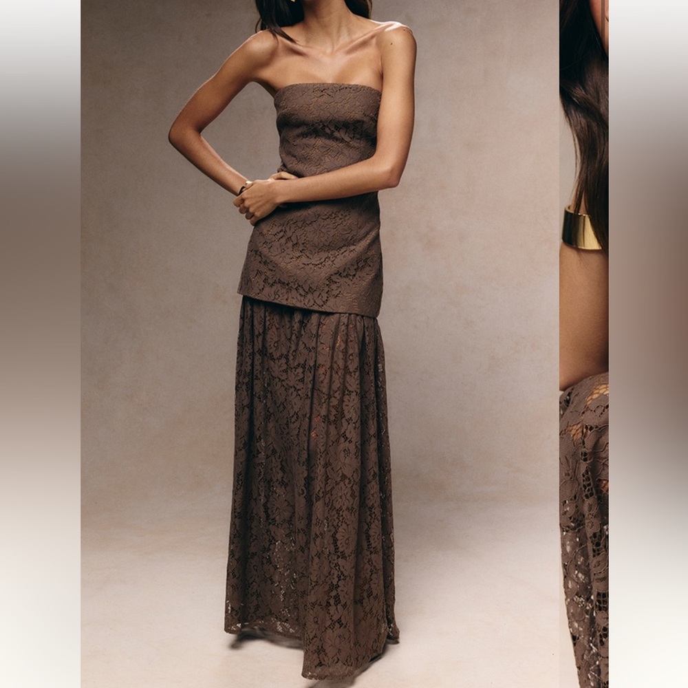 Brown Lace Strapless Dress